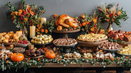 A beautifully arranged buffet table featuring Thanksgiving dishes like roasted turkey, pies, and seasonal vegetables. The table is decorated with fall flowers, pumpkins, and candles, creating a festiv