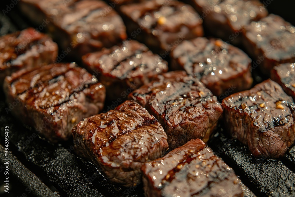 Sizzling grill texture with caramelized char marks on juicy, seared meat Sizzling grill texture with caramelized char marks on juicy, seared meat