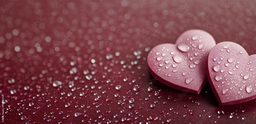 Obraz premium Two pink hearts on a wet surface with water droplets, ideal for romance and love occasions
