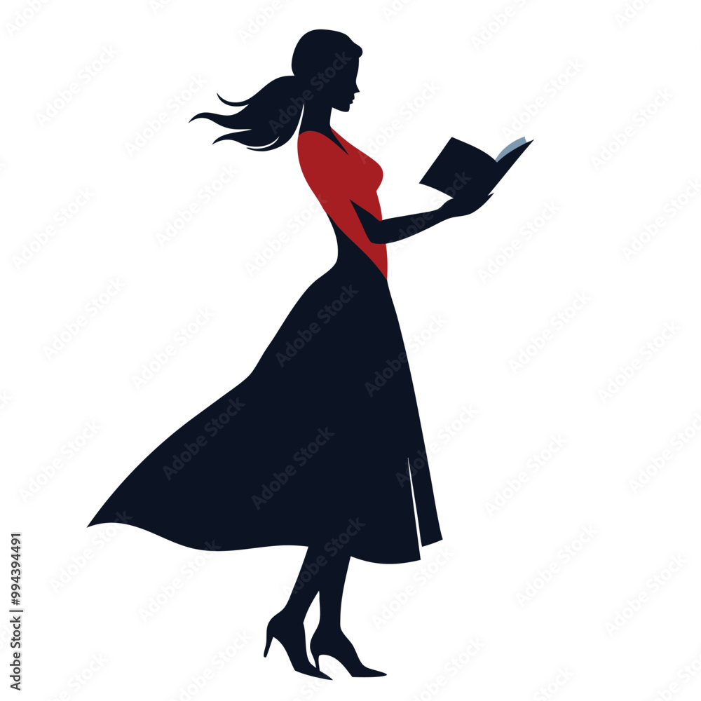 Fototapeta premium a woman standing and reading a book. She is wearing a long dress and has long hair that is flowing in the wind, vector silhouette, 