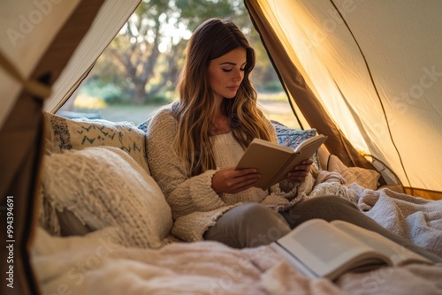 Young woman is enjoying a relaxing afternoon reading a book inside her comfortable tent photo