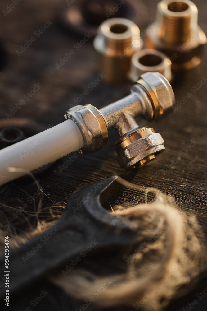 Brass plumbing fittings and PEX pipe fittings lying on an old wooden countertop, next to a tool, plumbing wrenches (selective focus) Brass plumbing fittings and PEX pipe fittings lying on an old wooden countertop, next to a tool, plumbing wrenches (selective focus)