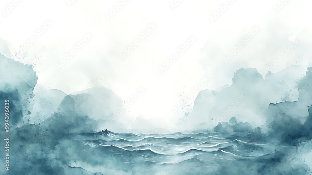 Obraz premium Whispers of the Sea: A Soft Watercolor Ocean Scene Capturing the Serenity of Waves and the Gentle Embrace of Coastal Hues in a Dreamy, Ethereal Landscape