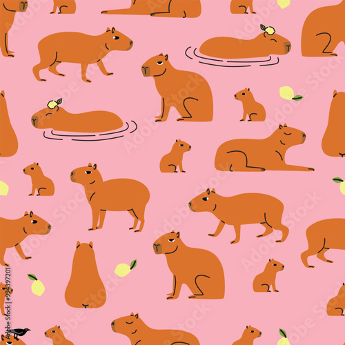 Capybaras seamless pattern. Cute capybaras walk and relax and swim. Animals on pink background.