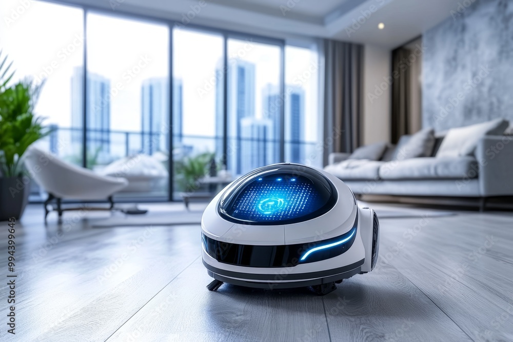 A 3D-rendered futuristic cleaning robot navigating a modern apartment, using advanced digital tools to clean efficiently A 3D-rendered futuristic cleaning robot navigating a modern apartment, using advanced digital tools to clean efficiently