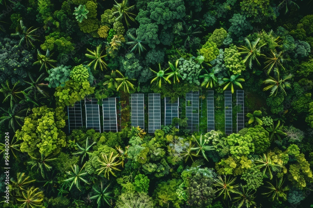 Aerial view of a solar panel array in a lush green forest. A sustainable approach to clean energy. Aerial view of a solar panel array in a lush green forest. A sustainable approach to clean energy.