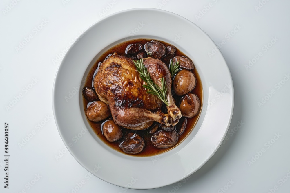 Traditional Coq au Vin Served on White Plate Traditional Coq au Vin Served on White Plate