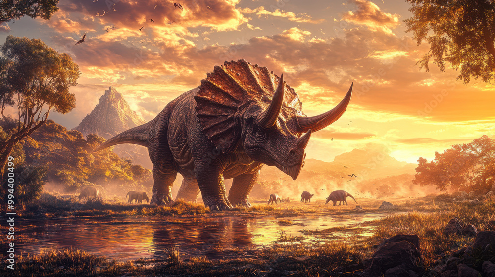 Fototapeta premium A realistic depiction of a triceratops in a wide, open savannah, the golden hour lighting accentuating the rugged texture of its horns and skin