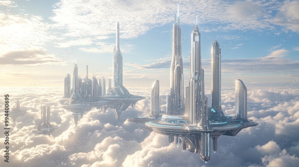Obraz premium A breathtaking floating city with futuristic buildings, hovering above the clouds, showcasing advanced technology and stunning designs