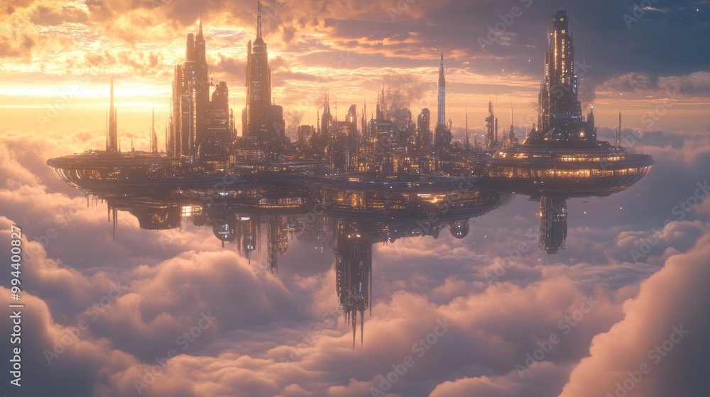 A futuristic floating city with advanced technology, suspended above the clouds, glowing brightly in a beautiful ethereal landscape A futuristic floating city with advanced technology, suspended above the clouds, glowing brightly in a beautiful ethereal landscape