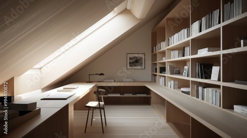 A minimalist attic converted into a study room, with a long desk under a sloped ceiling, integrated bookshelves, and a skylight providing natural light The furnishings are simple and functional photo