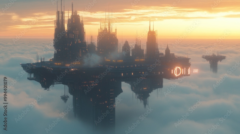 An awe-inspiring floating city above the clouds, with futuristic buildings and advanced technology, shining in an ethereal atmosphere An awe-inspiring floating city above the clouds, with futuristic buildings and advanced technology, shining in an ethereal atmosphere