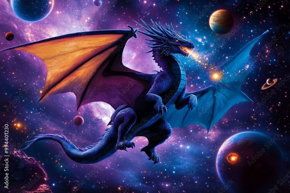 A cosmic dragon flying through space, breathing stardust and soaring among planets and galaxies A cosmic dragon flying through space, breathing stardust and soaring among planets and galaxies