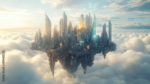 Beautiful ethereal floating city with cutting-edge futuristic buildings, set above soft clouds, showcasing stunning architectural designs photo