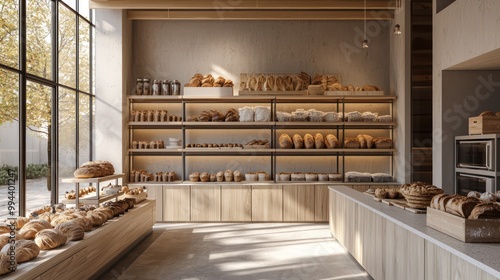 A minimalist bakery with an open kitchen layout, allowing customers to see the baking process Simple shelving displays bread and pastries, with a focus on the artisanal products rather than the decor