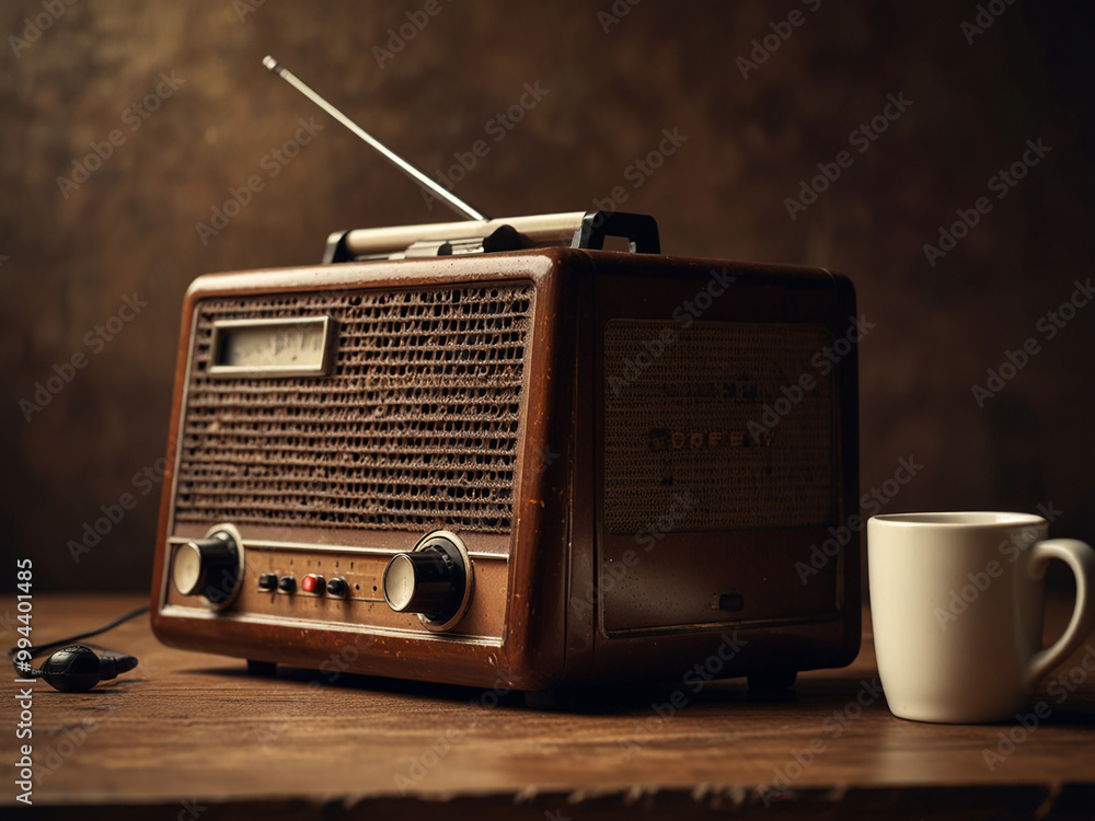 Obraz premium old classic vintage radio on the table with a coffee