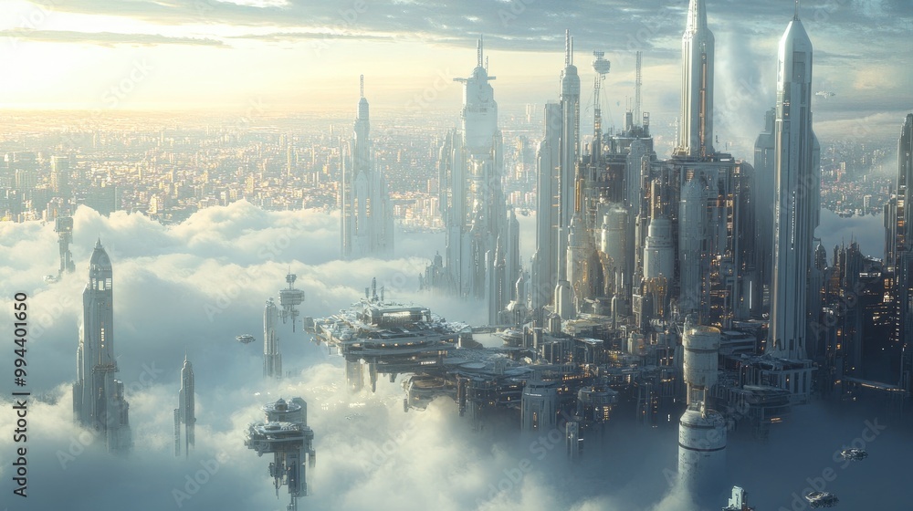 Stunning futuristic city hovering above clouds, showcasing advanced technology and incredible architectural designs in an ethereal setting Stunning futuristic city hovering above clouds, showcasing advanced technology and incredible architectural designs in an ethereal setting