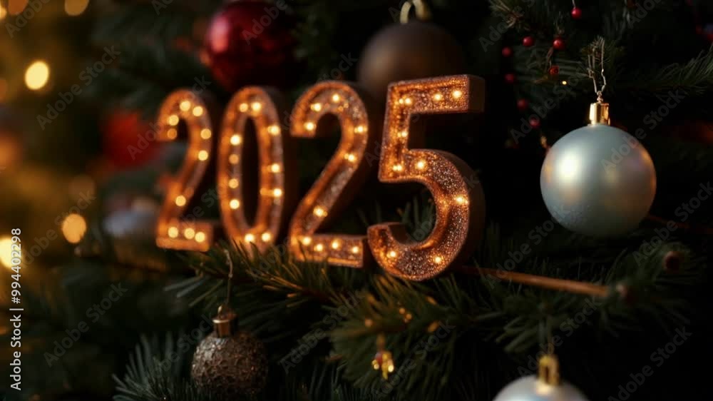 Festive 2025 numbers lit up among Christmas decorations and lights. Festive 2025 numbers lit up among Christmas decorations and lights.