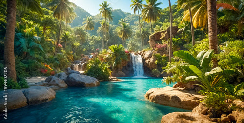 AI-generated image, breathtaking landscape tropical waterfall, A serene beach with golden sands, azure waters, lush palm trees, vibrant, adventure, relaxation, and cherished memories await tourists