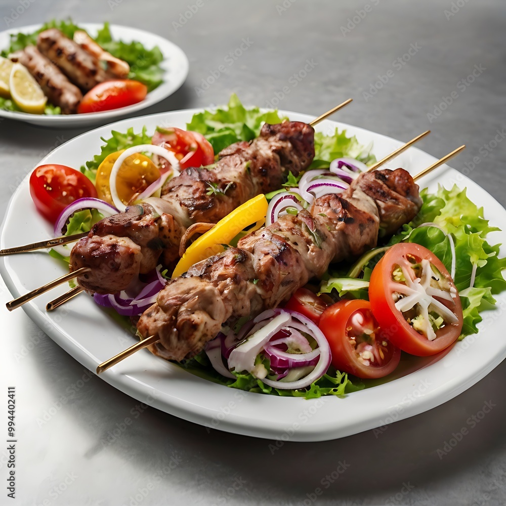 Delicious fresh Kebab assortment Served with some salad, grilled chicken skewers with a side of grilled vegetables, grilled kebab with couscous and vegetables Delicious fresh Kebab assortment Served with some salad, grilled chicken skewers with a side of grilled vegetables, grilled kebab with couscous and vegetables