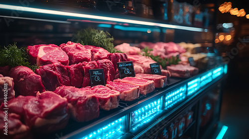 Meat aisle with various cuts displayed in a refrigerated grocery section. close-up of a meat fridge in a grocery store filled with various cuts of fresh meat various cuts of beef, pork and other meats