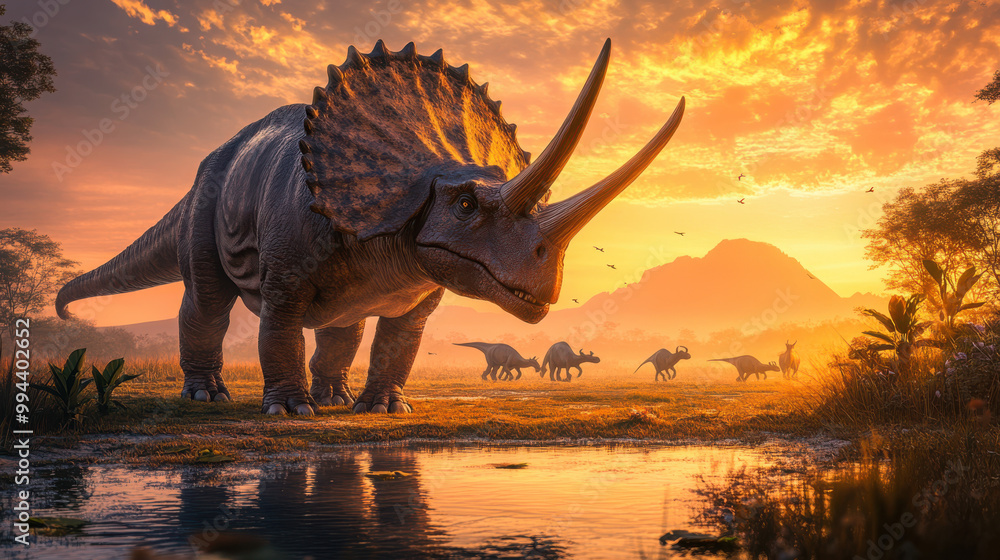 Fototapeta premium A realistic depiction of a triceratops in a wide, open savannah, the golden hour lighting accentuating the rugged texture of its horns and skin