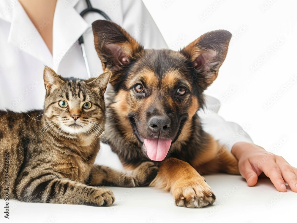 Veterinarian with a happy dog and calm cat during a check-up visit Veterinarian with a happy dog and calm cat during a check-up visit