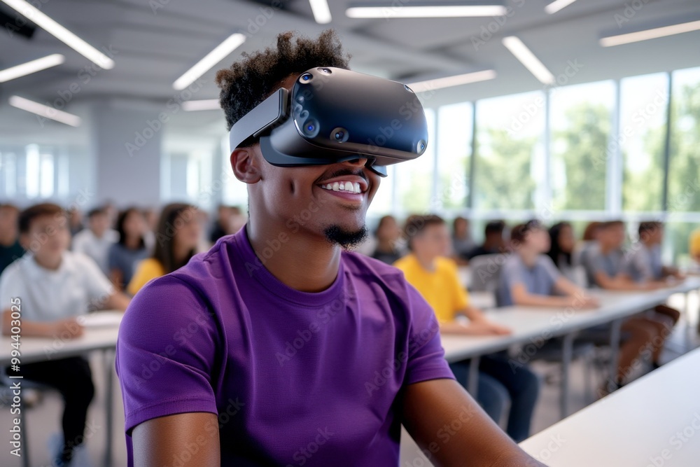 A futuristic classroom where students from diverse backgrounds learn together using virtual reality technology, representing a high-tech and inclusive future A futuristic classroom where students from diverse backgrounds learn together using virtual reality technology, representing a high-tech and inclusive future