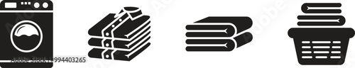 Laundry icon set. Includes a washing machine icon, fresh, clean, and ironed folded clothes. Suitable for websites. Vector illustration