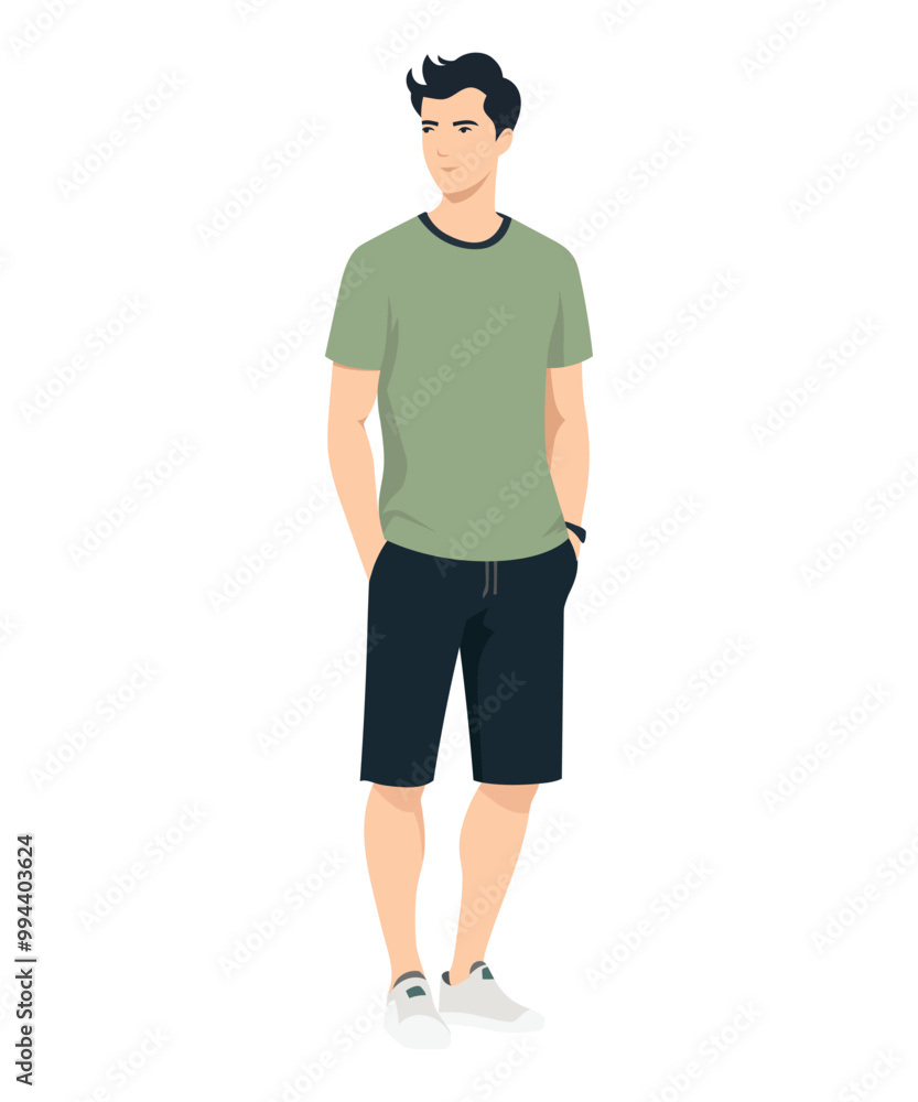Vector illustration of a man in a simple and comfortable look with an olive t-shirt and black shorts Vector illustration of a man in a simple and comfortable look with an olive t-shirt and black shorts