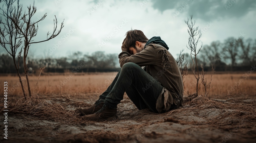 Solitary figure in a desolate field contemplating life s challenges Solitary figure in a desolate field contemplating life s challenges