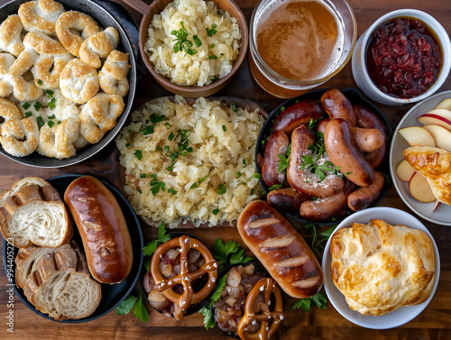 A table full of food including sausages, potatoes, and bread. Scene is inviting and warm, as it looks like a family gathering or a potluck