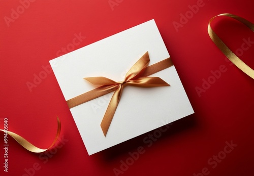 Festive holiday card with red ribbon and decorations on a bright red background