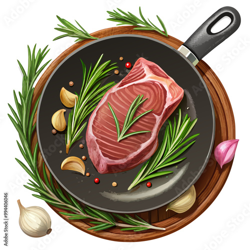 Cooking beef steak with spices and vegetables in a frying pan vector, Outline beef or pork slice frying with chili pepper