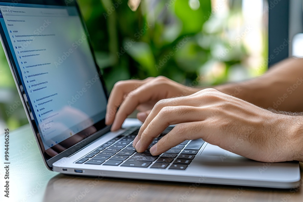 A hyper-realistic close-up of a person typing on a laptop, attending an e-learning class with detailed reflections in the screen A hyper-realistic close-up of a person typing on a laptop, attending an e-learning class with detailed reflections in the screen