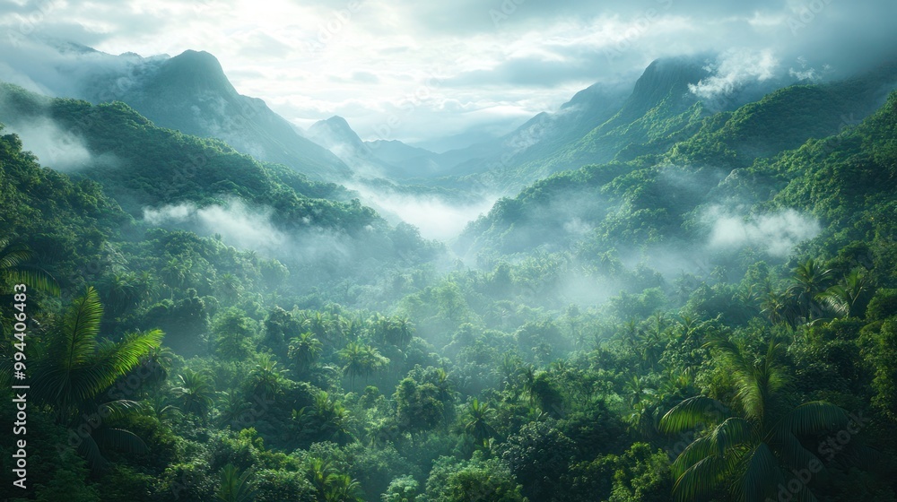 Mystical tropical rainforest shrouded in mist, featuring dense greenery and towering trees. Ethereal atmosphere with fog, damp forest floor and soft light the canopy, perfect for nature background Mystical tropical rainforest shrouded in mist, featuring dense greenery and towering trees. Ethereal atmosphere with fog, damp forest floor and soft light the canopy, perfect for nature background