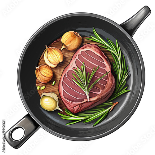 Cooking beef steak with spices and vegetables in a frying pan vector, Outline beef or pork slice frying with chili pepper