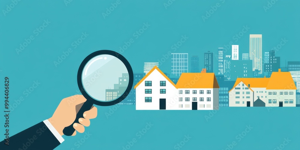 A flat vector illustration of a hand holding a magnifying glass in front of two small buildings, with a simple blue background and white color for the buildings and yellow roofs on top Generative AI A flat vector illustration of a hand holding a magnifying glass in front of two small buildings, with a simple blue background and white color for the buildings and yellow roofs on top Generative AI