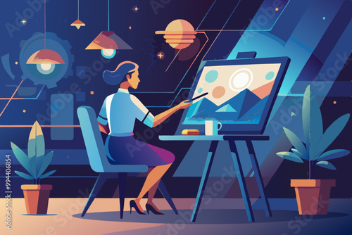 NFT. Flat vector illustration with woman creating digital picture. Concept of future innovations.
