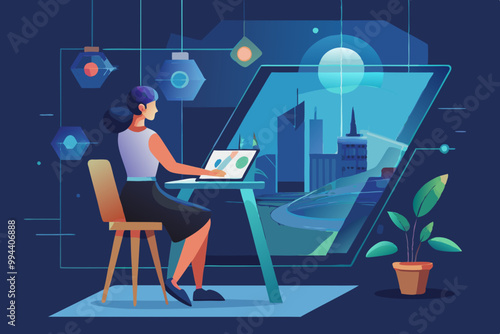 NFT. Flat vector illustration with woman creating digital picture. Concept of future innovations.
