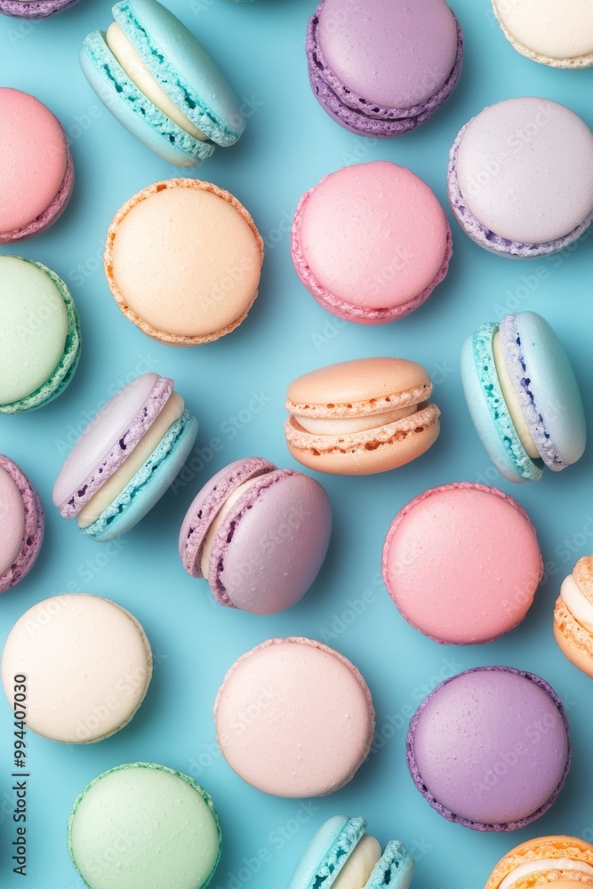 Colorful macarons arranged artistically on a light background in a delightful dessert display Colorful macarons arranged artistically on a light background in a delightful dessert display