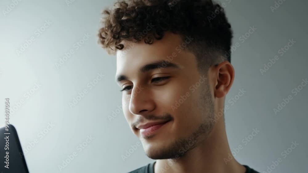 Close-up of a young man scrolling through social media on his smartphone, smiling as he engages with content. Close-up of a young man scrolling through social media on his smartphone, smiling as he engages with content.