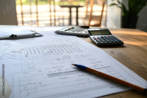 Technical Drawings and Calculators on a Wooden Table