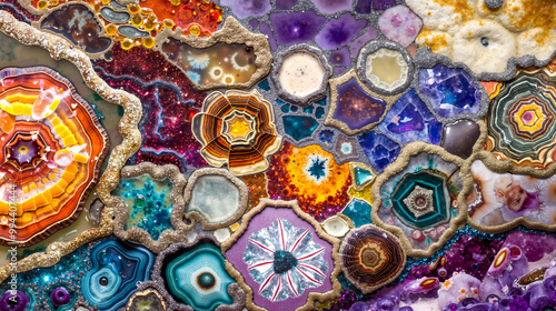 A close up of a variety of colorful geodes on a table