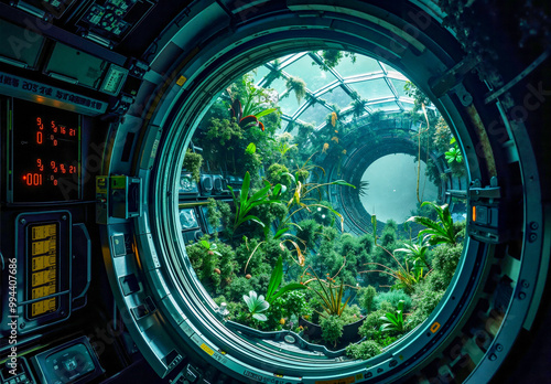 A view of a futuristic looking room with plants inside of it