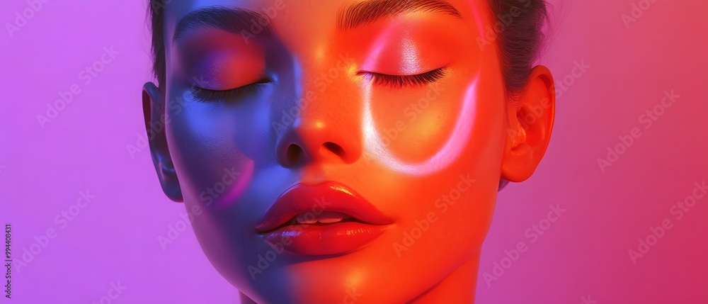 A close-up of a woman's face adorned with vibrant neon lighting, showcasing beauty and artistic makeup. A close-up of a woman's face adorned with vibrant neon lighting, showcasing beauty and artistic makeup.