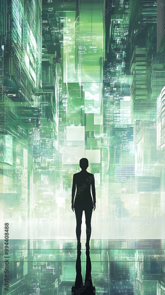 A person in business attire stands before an illustration of green buildings and cityscape, symbolizing the impact on urban life through sustainable building practices A person in business attire stands before an illustration of green buildings and cityscape, symbolizing the impact on urban life through sustainable building practices