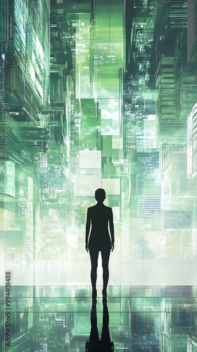 A person in business attire stands before an illustration of green buildings and cityscape, symbolizing the impact on urban life through sustainable building practices