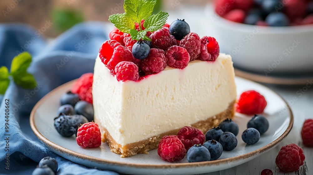 A slice of cheesecake topped with fresh berries A slice of cheesecake topped with fresh berries