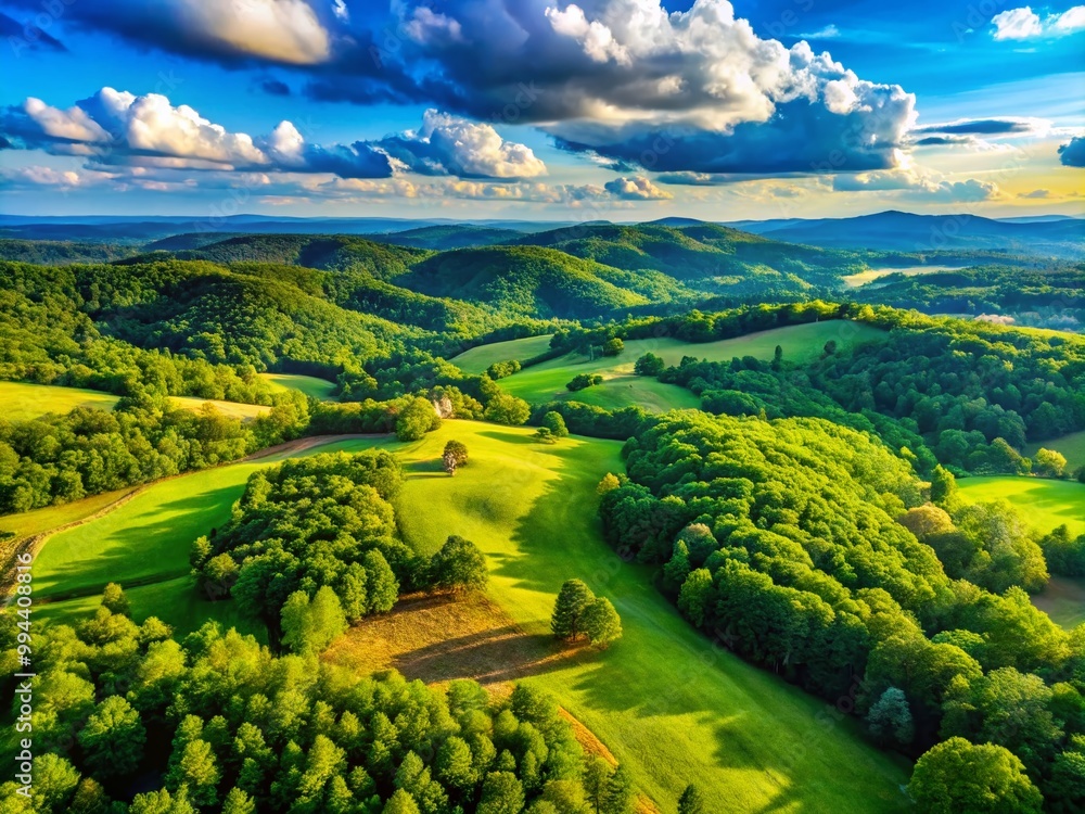Scenic Landscape of Alabama's Rolling Hills with Lush Greenery and Blue Sky in the Background